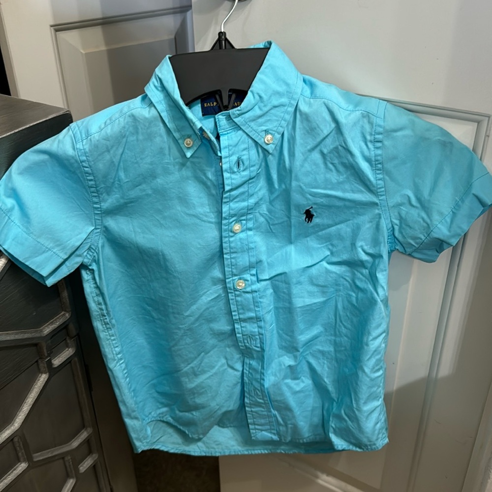 Boys Polo Ralph Lauren short sleeve shirt. Light blue in color, size 5.